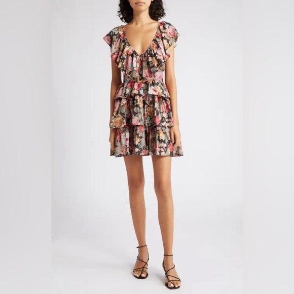 BYTIMO‎ Black and red Bohemian Rose Garden floral mini dress size M. - Picture 1 of 13